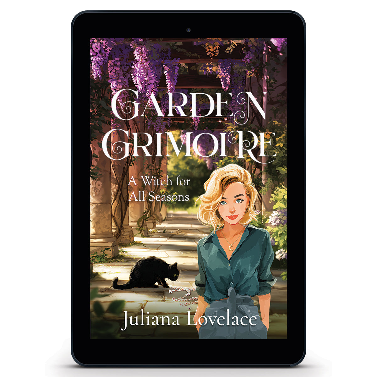 Book cover for 'Garden Grimoire' by Juliana Lovelace, a witchy paranormal cozy mystery, featuring a blonde witch in a green shirt and a black cat standing in a sunlit garden with purple wisteria, stone pillars, and pearls scattered on the ground.