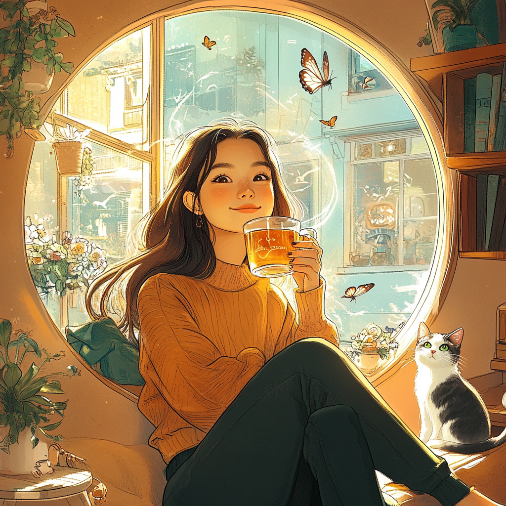 Profile picture of Juliana Lovelace featuring a smiling young woman with long dark hair sitting by a round window with a cup of tea in her hand. A green-eyed black and white cat sits beside her and butterflies fly in the air near her.