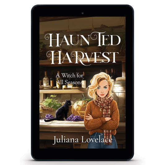 Ebook cover for 'Haunted Harvest' by Juliana Lovelace, a witchy paranormal cozy mystery featuring a blonde woman in a tawny brown sweater and a black cat sitting on a rustic wooden counter next to a carved jack-o'-lantern, bunches of grapes, and a wine barrel.